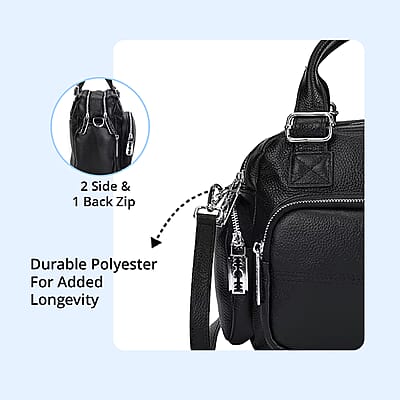 Black Genuine Leather Crossbody Bag with Handle Drop (3.9'') and Shoulder Strap