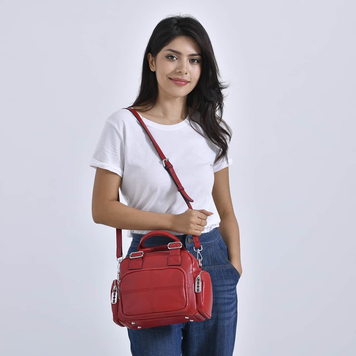 Red Genuine Leather Crossbody Bag with Handle Drop (3.9'') and Shoulder Strap image number 1