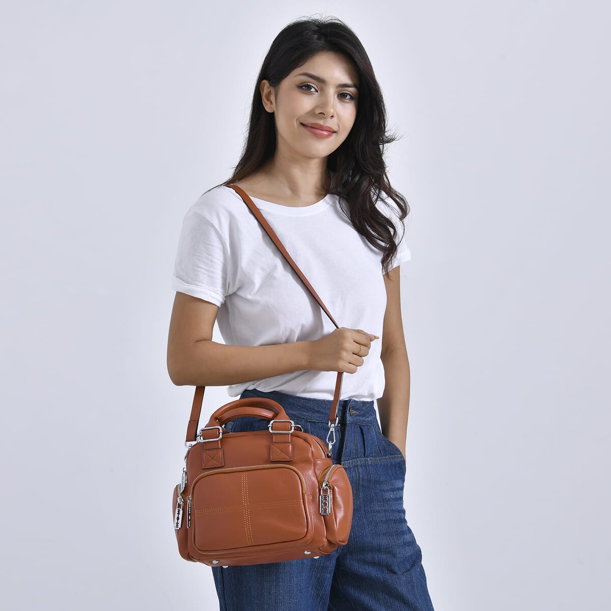 Brown Genuine Leather Crossbody Bag with Handle Drop (3.9'') and Shoulder Strap image number 1