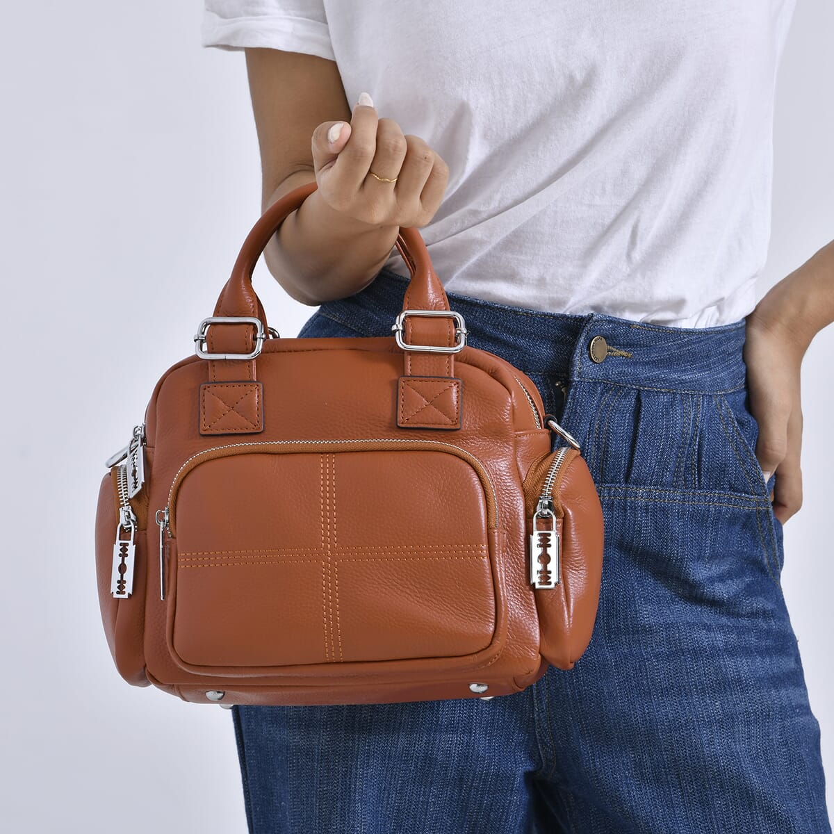 Brown Genuine Leather Crossbody Bag with Handle Drop (3.9'') and Shoulder Strap image number 2