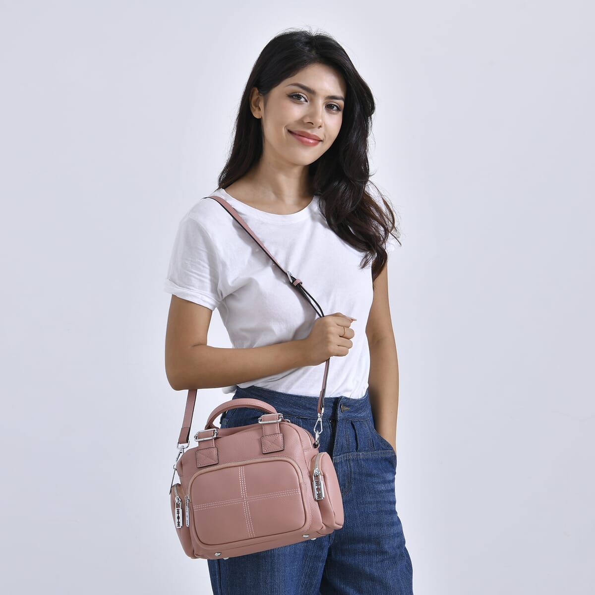 Pink Genuine Leather Crossbody Bag with Handle Drop (3.9'') and Shoulder Strap image number 1