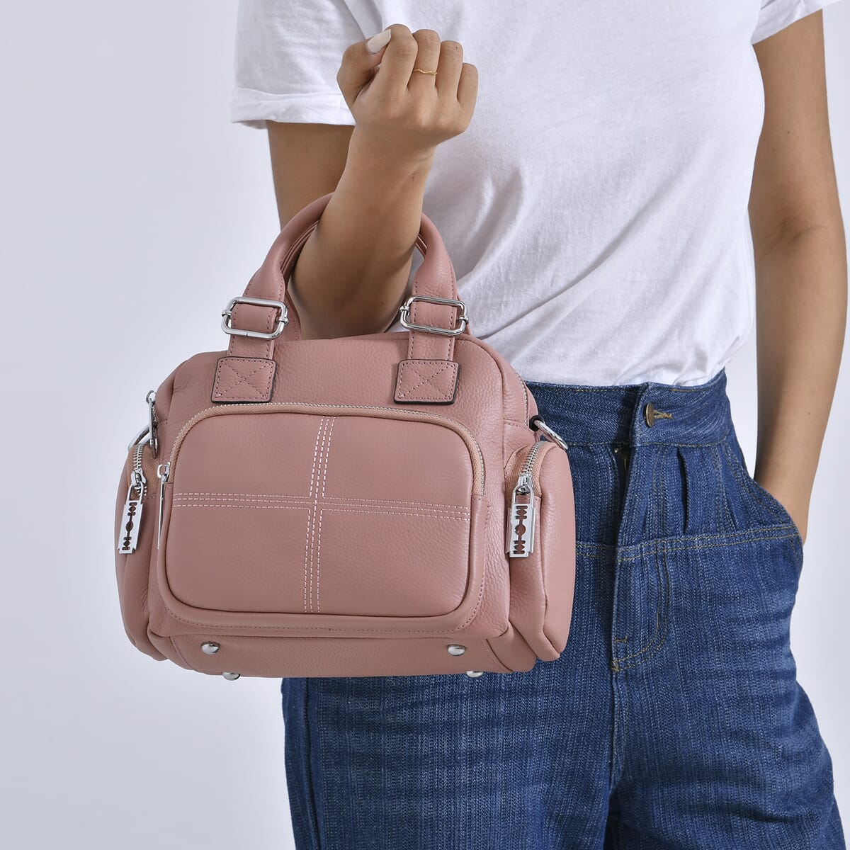 Pink Genuine Leather Crossbody Bag with Handle Drop (3.9'') and Shoulder Strap image number 2