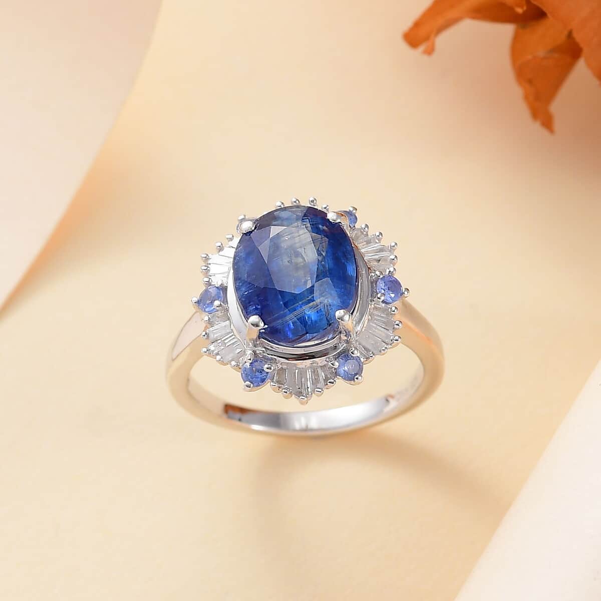 Premium Himalayan Kyanite, Ceylon Sapphire and Diamond 4.90 ctw Midnight Halo Ring in Rhodium Over Sterling Silver (Size 10.0) image number 1