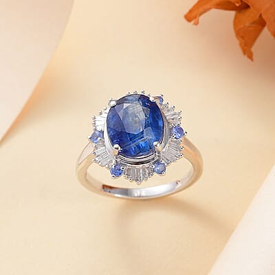 Premium Himalayan Kyanite, Ceylon Sapphire and Diamond 4.90 ctw Midnight Halo Ring in Rhodium Over Sterling Silver (Size 10.0)