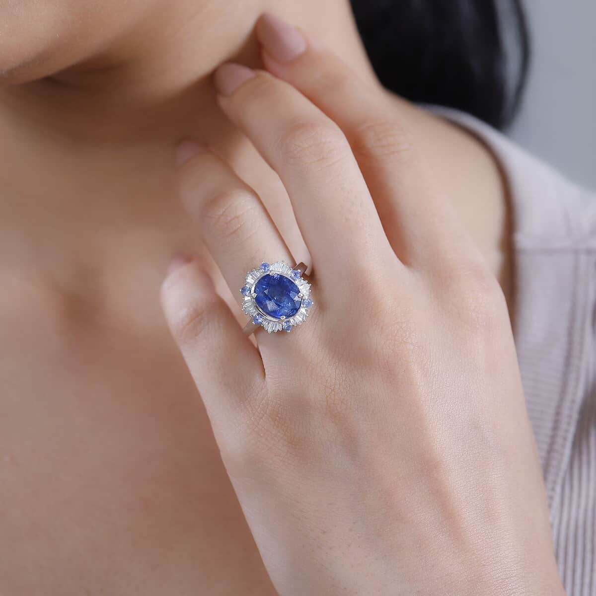 Premium Himalayan Kyanite, Ceylon Sapphire and Diamond 4.90 ctw Midnight Halo Ring in Rhodium Over Sterling Silver (Size 10.0) image number 2