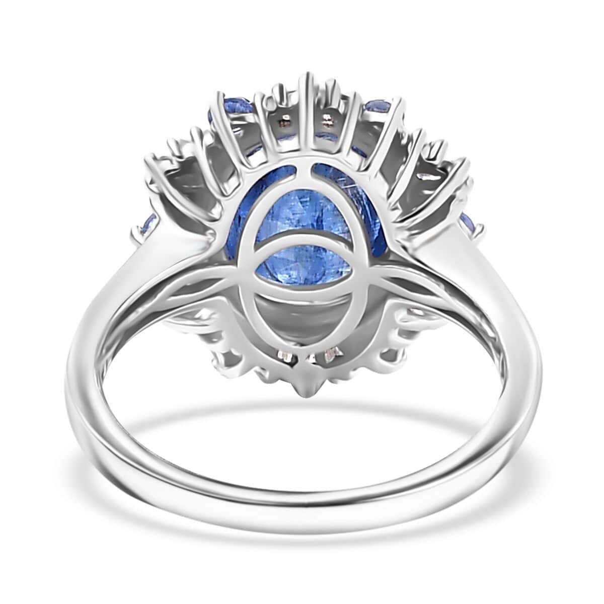 Premium Himalayan Kyanite, Ceylon Sapphire and Diamond 4.90 ctw Midnight Halo Ring in Rhodium Over Sterling Silver (Size 10.0) image number 4