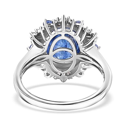 Premium Himalayan Kyanite, Ceylon Sapphire and Diamond 4.90 ctw Midnight Halo Ring in Rhodium Over Sterling Silver (Size 10.0)