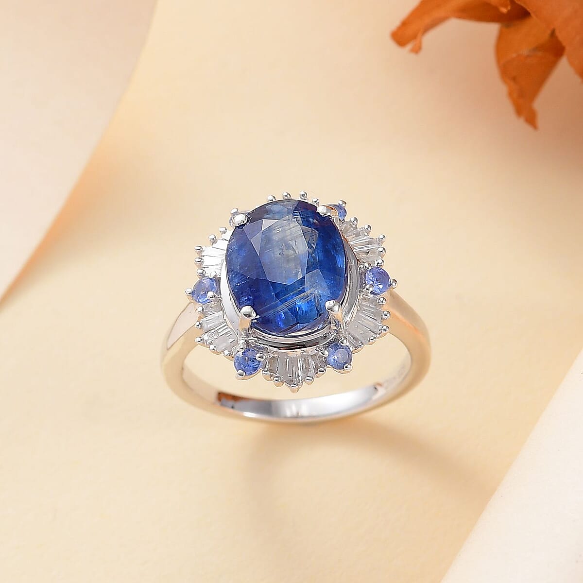 Premium Himalayan Kyanite, Ceylon Sapphire and Diamond 4.90 ctw Midnight Halo Ring in Rhodium Over Sterling Silver (Size 6.0) image number 1