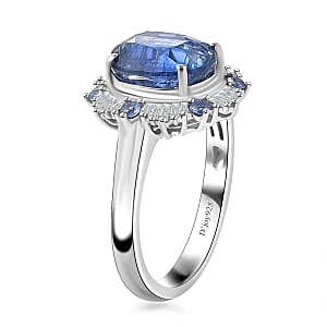 D'Joy Premium Himalayan Kyanite, Ceylon Sapphire and Diamond 4.90 ctw Midnight Halo Ring in Rhodium Over Sterling Silver (Size 6.0)