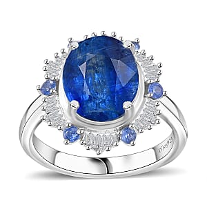 Premium Himalayan Kyanite, Ceylon Sapphire and Diamond 4.90 ctw Midnight Halo Ring in Rhodium Over Sterling Silver (Size 8.0)