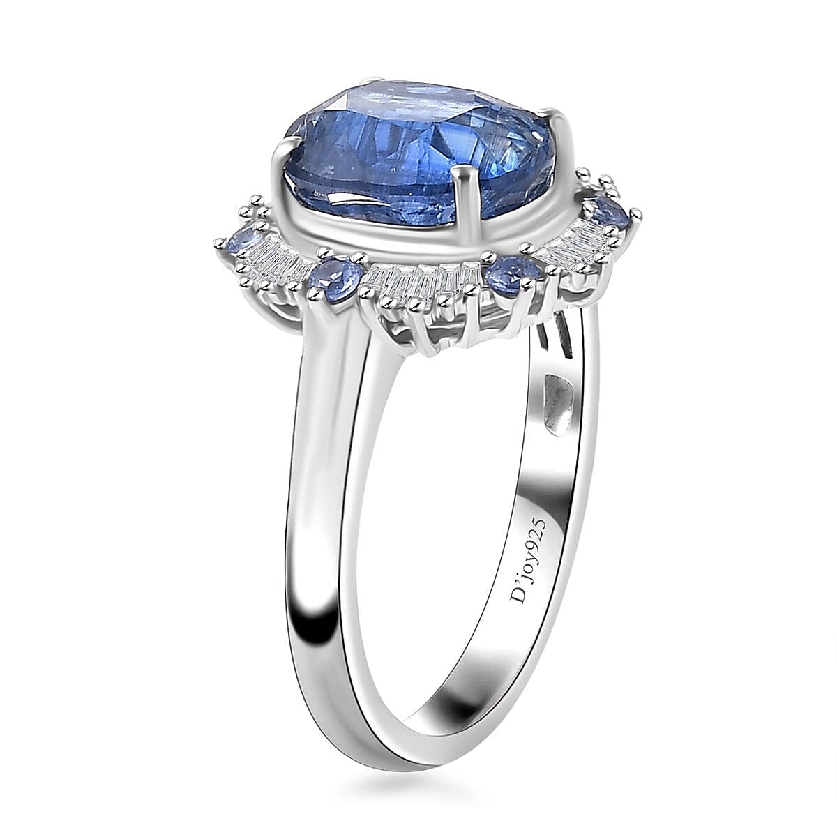 Premium Himalayan Kyanite, Ceylon Sapphire and Diamond 4.90 ctw Midnight Halo Ring in Rhodium Over Sterling Silver (Size 8.0) image number 3