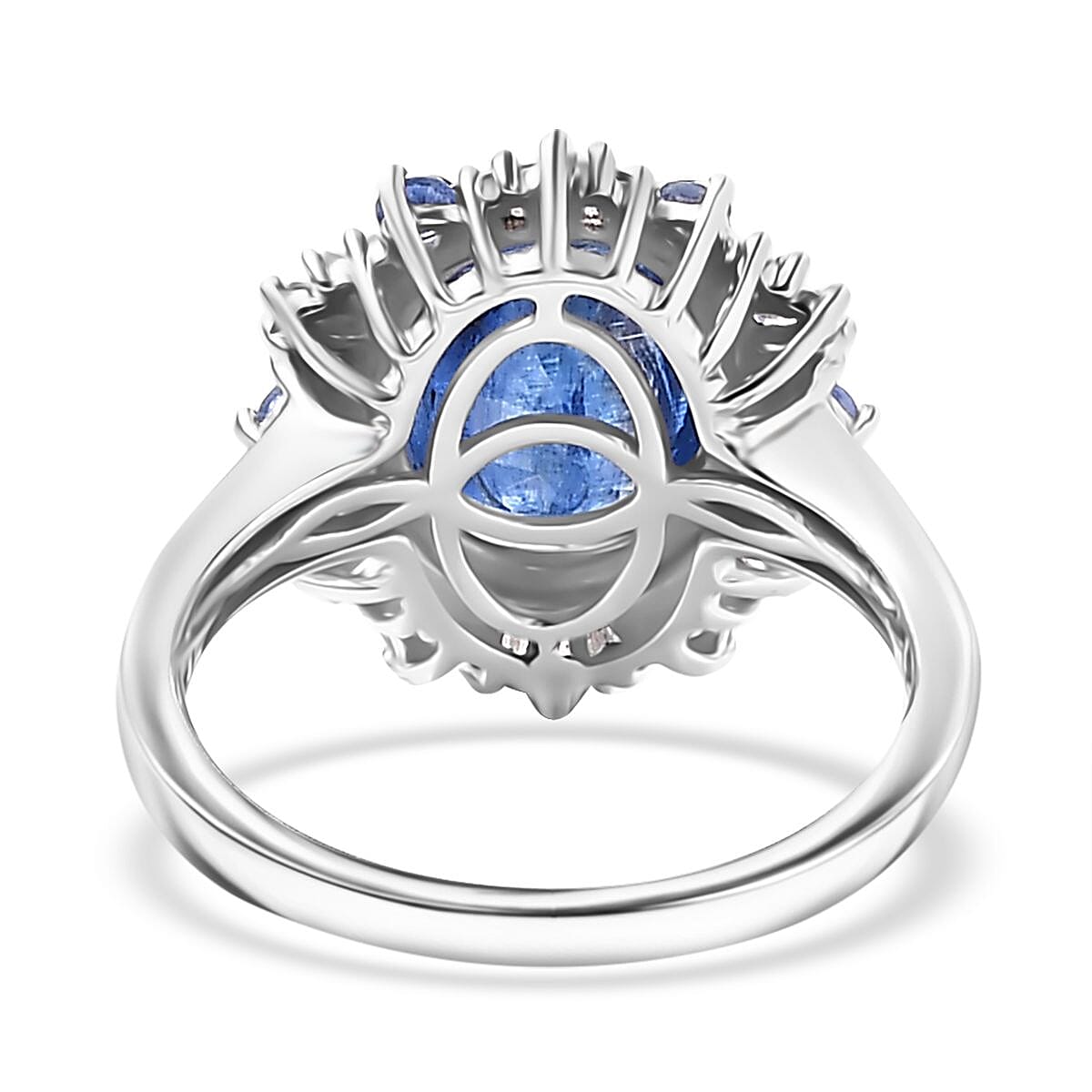 Premium Himalayan Kyanite, Ceylon Sapphire and Diamond 4.90 ctw Midnight Halo Ring in Rhodium Over Sterling Silver (Size 8.0) image number 4