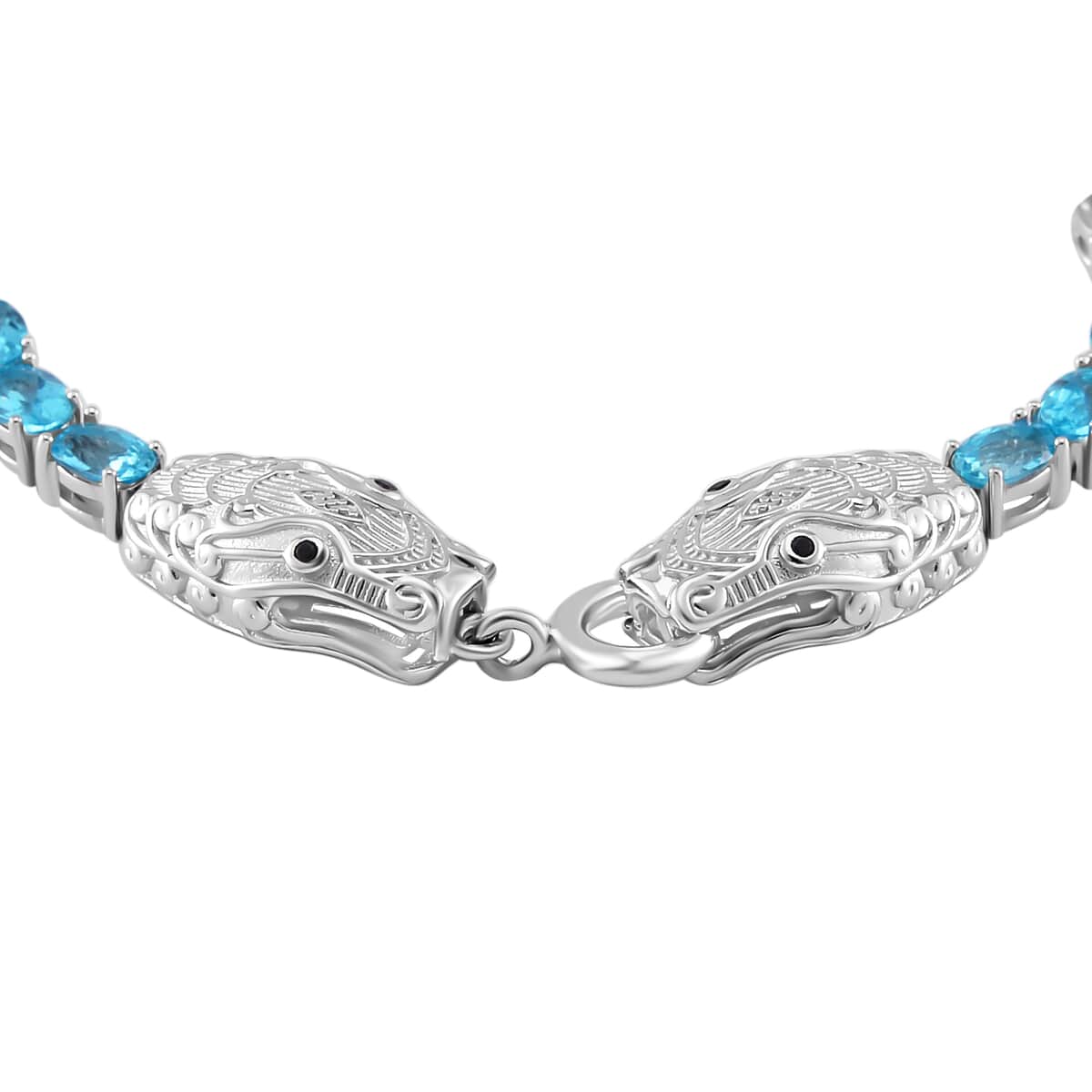 Betroka Blue Apatite and Thai Black Spinel 10.50 ctw Double Dragon Head Bracelet in Rhodium Over Sterling Silver (7.25 In) image number 2