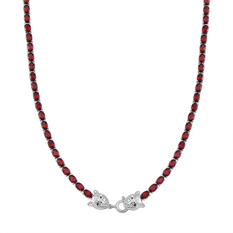 Tanzanian Wine Garnet and Thai Black Spinel 32.80 ctw Double Leopard Head Necklace in Rhodium Over Sterling Silver 18 Inches