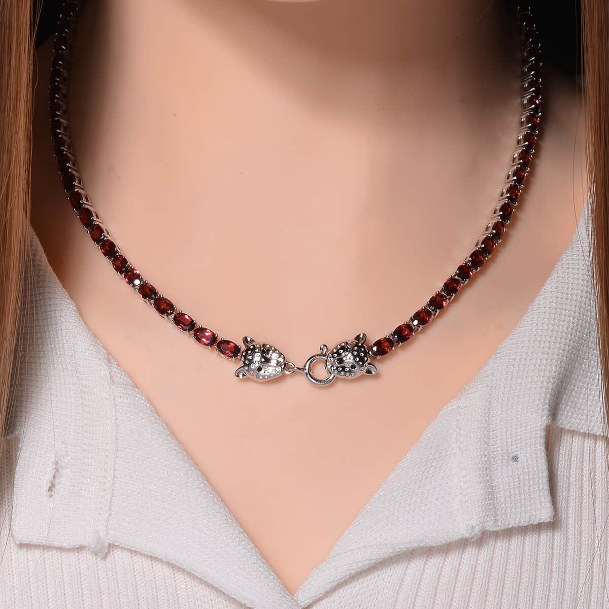 Tanzanian Wine Garnet and Thai Black Spinel 32.80 ctw Double Dragon Head Necklace in Rhodium Over Sterling Silver 18 Inches image number 1