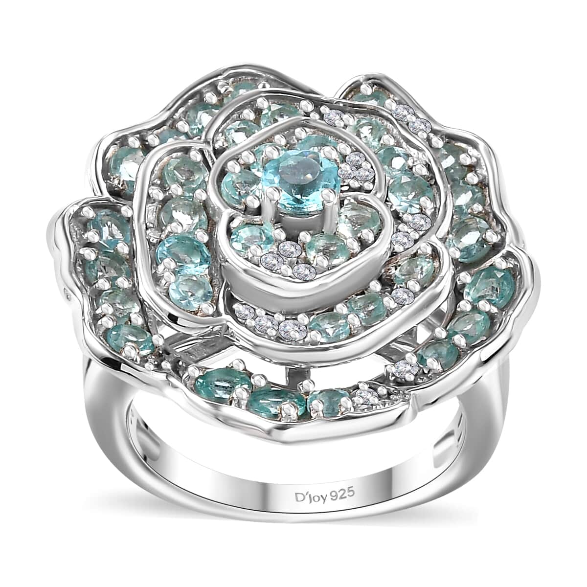 Madagascar Lagoon Apatite and Moissanite 3.10 ctw Rose of Ocean Ring in Rhodium Over Sterling Silver (Size 10.0) image number 0