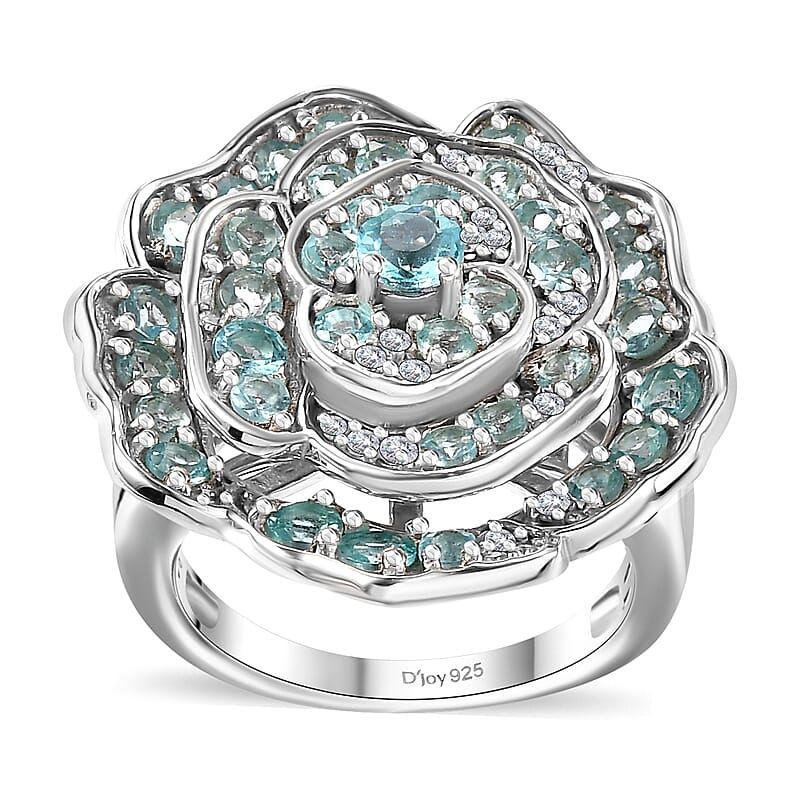 D'Joy Madagascar Lagoon Apatite and Moissanite 3.10 ctw Rose of Ocean Ring in Rhodium Over Sterling Silver (Size 10.0)