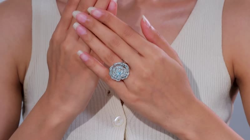 Lagoon Apatite, Moissanite Floral Ring in Rhodium Over Sterling Silver (Size 10.0) 3.10 ctw