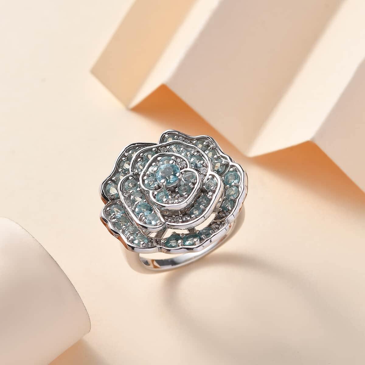 Madagascar Lagoon Apatite and Moissanite 3.10 ctw Rose of Ocean Ring in Rhodium Over Sterling Silver (Size 10.0) image number 1