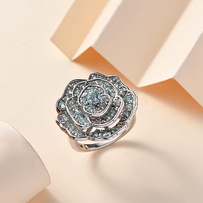 D'Joy Madagascar Lagoon Apatite and Moissanite 3.10 ctw Rose of Ocean Ring in Rhodium Over Sterling Silver (Size 10.0)
