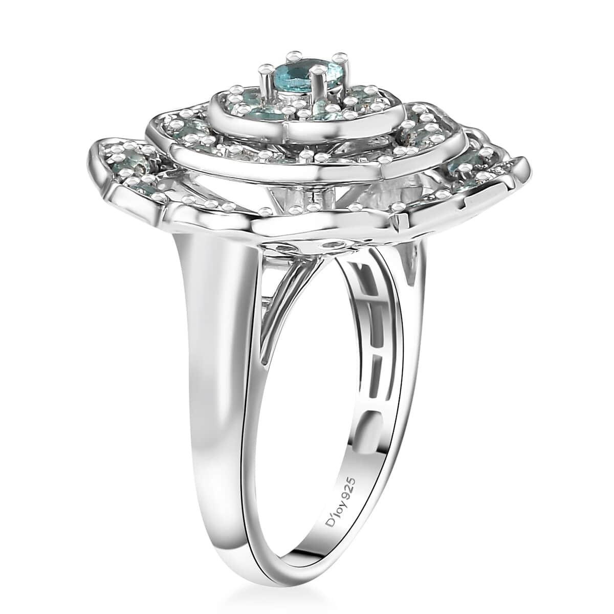 Madagascar Lagoon Apatite and Moissanite 3.10 ctw Rose of Ocean Ring in Rhodium Over Sterling Silver (Size 10.0) image number 3