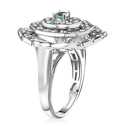 D'Joy Madagascar Lagoon Apatite and Moissanite 3.10 ctw Rose of Ocean Ring in Rhodium Over Sterling Silver (Size 10.0)