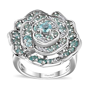 Madagascar Lagoon Apatite and Moissanite 3.10 ctw Rose of Ocean Ring in Rhodium Over Sterling Silver (Size 5.0)