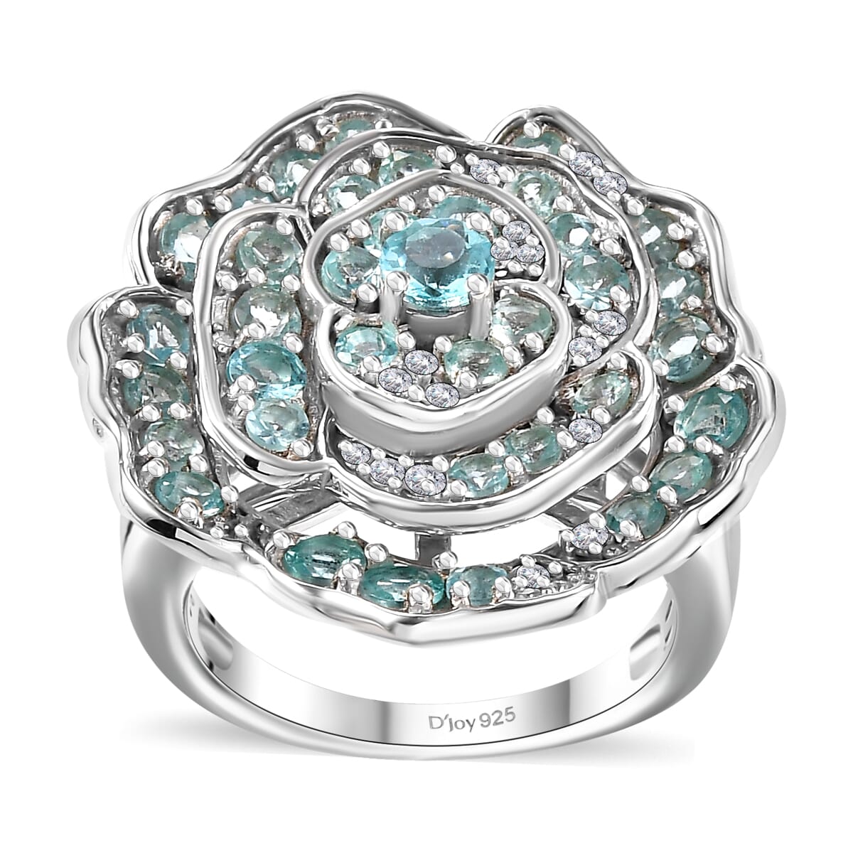 Madagascar Lagoon Apatite and Moissanite 3.10 ctw Rose of Ocean Ring in Rhodium Over Sterling Silver (Size 9.0) image number 0