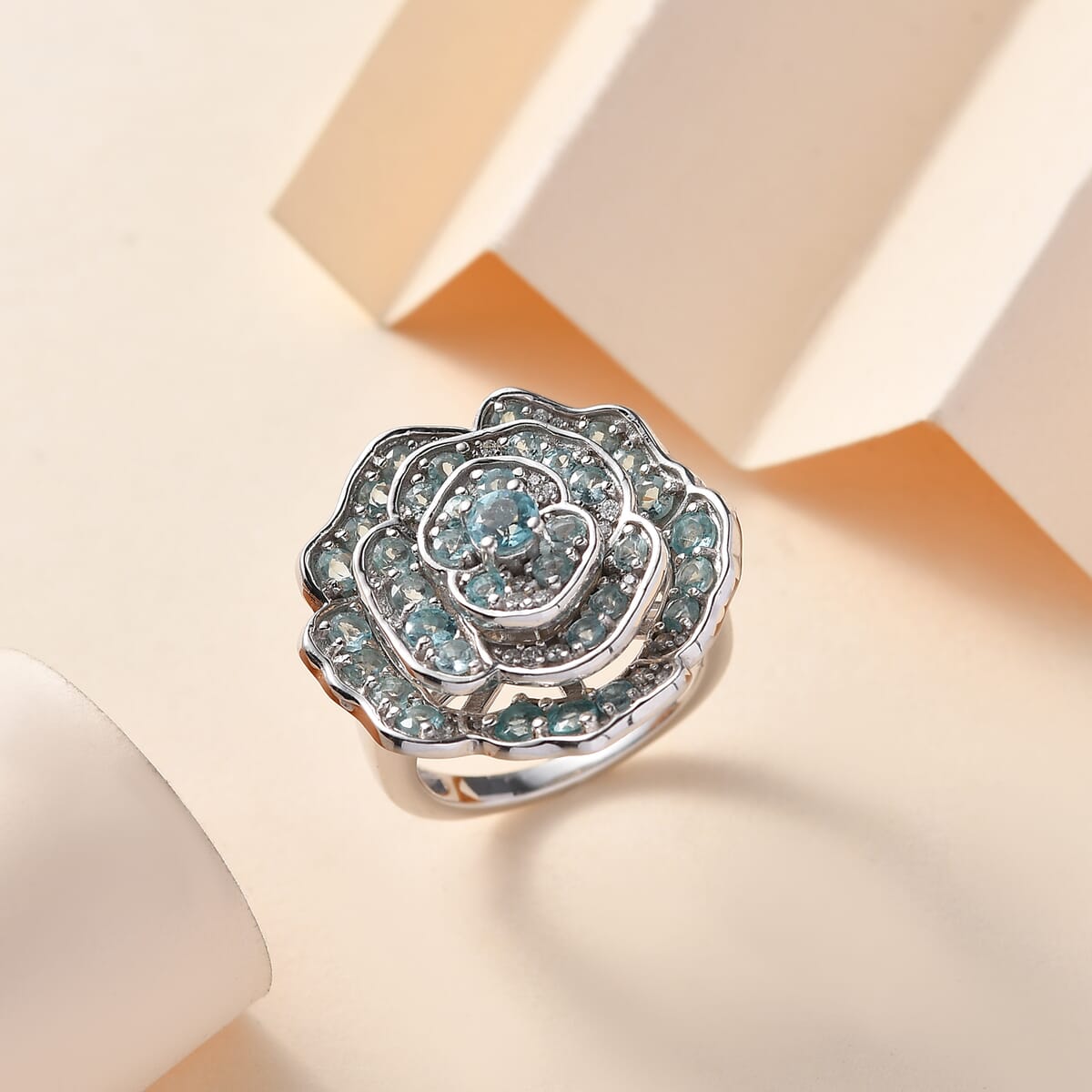 Madagascar Lagoon Apatite and Moissanite 3.10 ctw Rose of Ocean Ring in Rhodium Over Sterling Silver (Size 9.0) image number 1