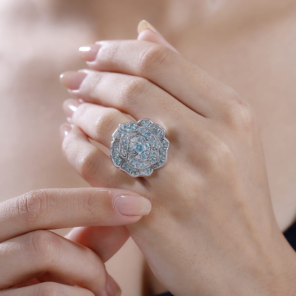 Madagascar Lagoon Apatite and Moissanite 3.10 ctw Rose of Ocean Ring in Rhodium Over Sterling Silver (Size 9.0) image number 2