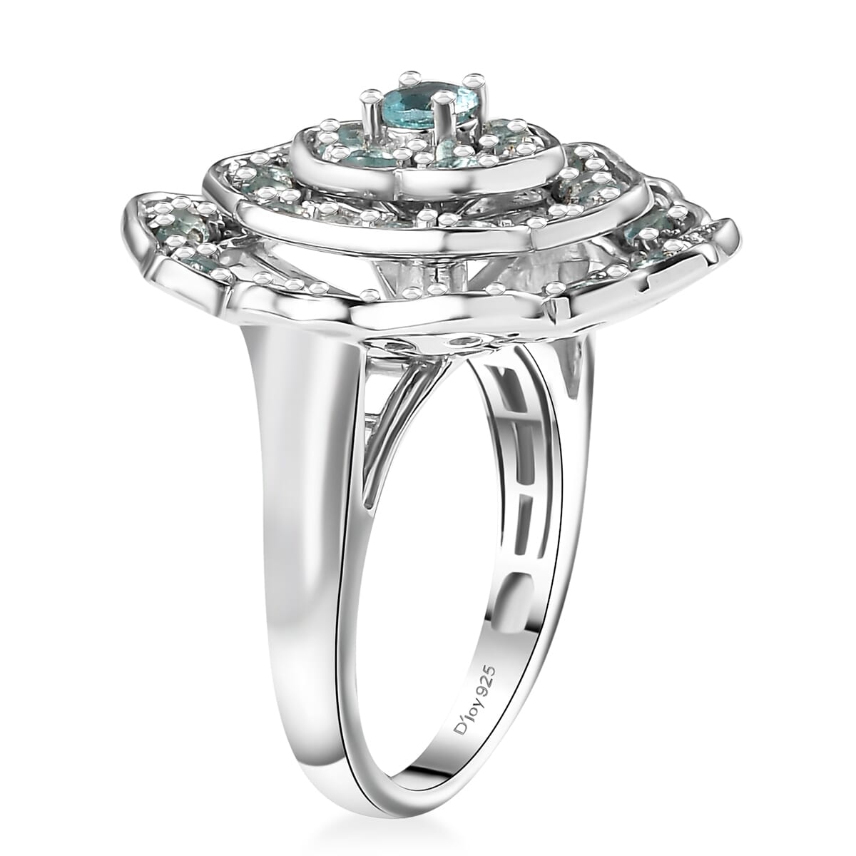 Madagascar Lagoon Apatite and Moissanite 3.10 ctw Rose of Ocean Ring in Rhodium Over Sterling Silver (Size 9.0) image number 3