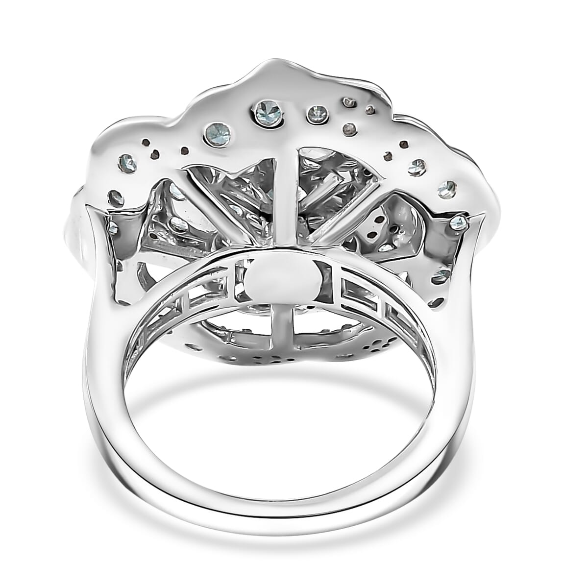 Madagascar Lagoon Apatite and Moissanite 3.10 ctw Rose of Ocean Ring in Rhodium Over Sterling Silver (Size 9.0) image number 4