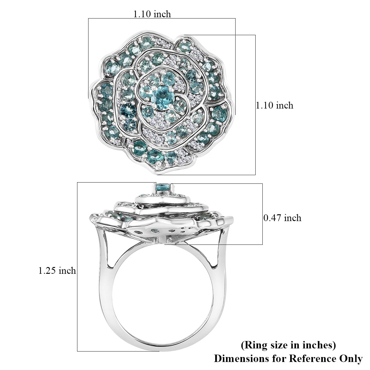 Madagascar Lagoon Apatite and Moissanite 3.10 ctw Rose of Ocean Ring in Rhodium Over Sterling Silver (Size 9.0) image number 5