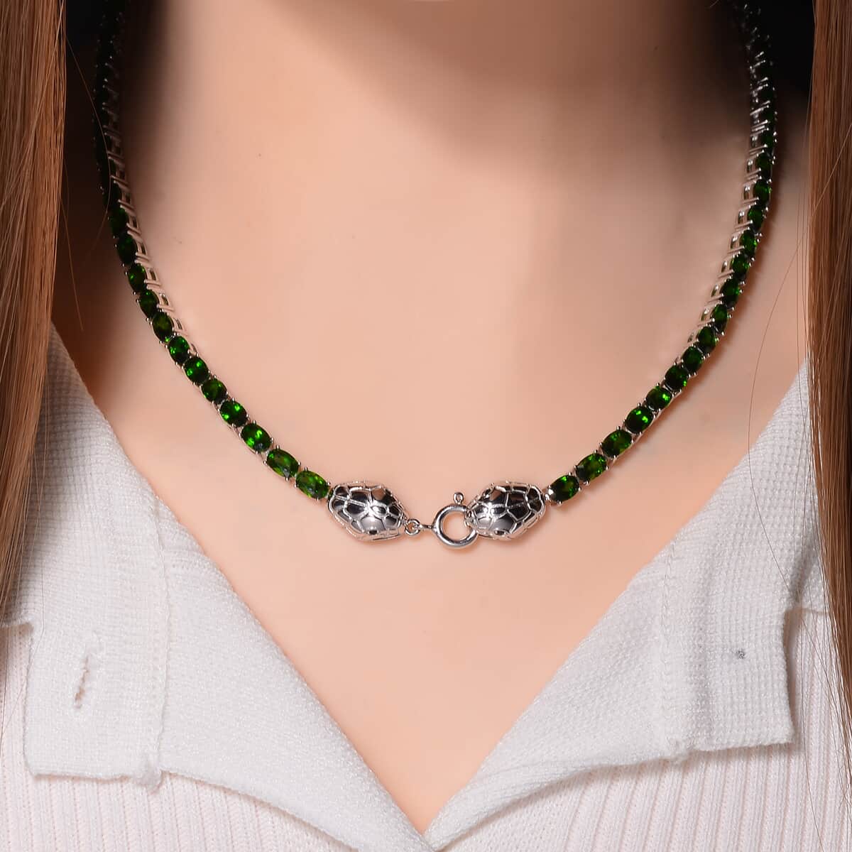 Chrome Diopside and Thai Black Spinel 32.80 ctw Double Snake Head Necklace in Rhodium Over Sterling Silver 18 Inches image number 1