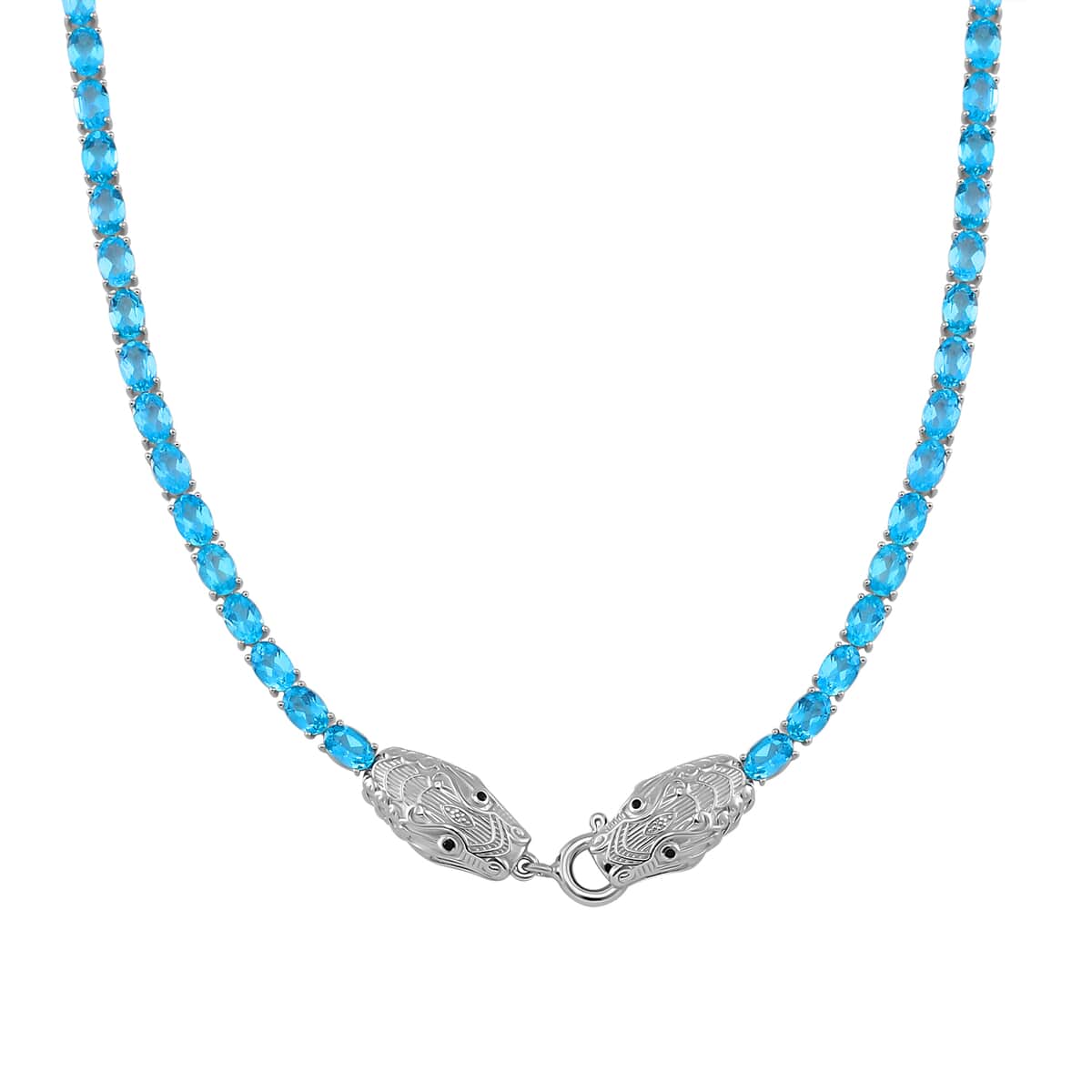 Betroka Blue Apatite and Thai Black Spinel 30.50 ctw Double Dragon Head Necklace in Rhodium Over Sterling Silver 18 Inches image number 0