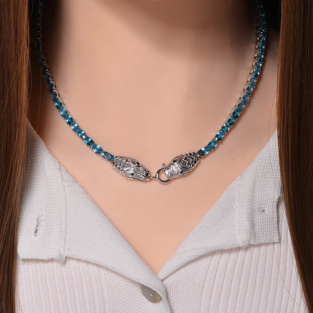 Betroka Blue Apatite and Thai Black Spinel 30.50 ctw Double Dragon Head Necklace in Rhodium Over Sterling Silver 18 Inches image number 1