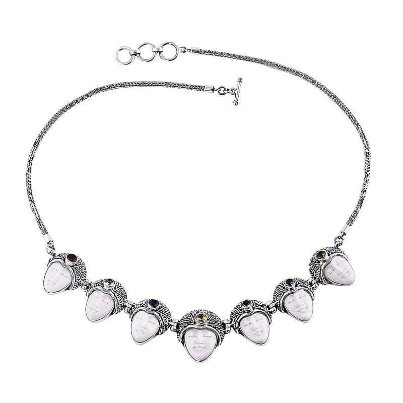 Bali Goddess Carved Bone and Multi Gemstone 3.50 ctw Seven Princess Necklace in Sterling Silver 20 Inches