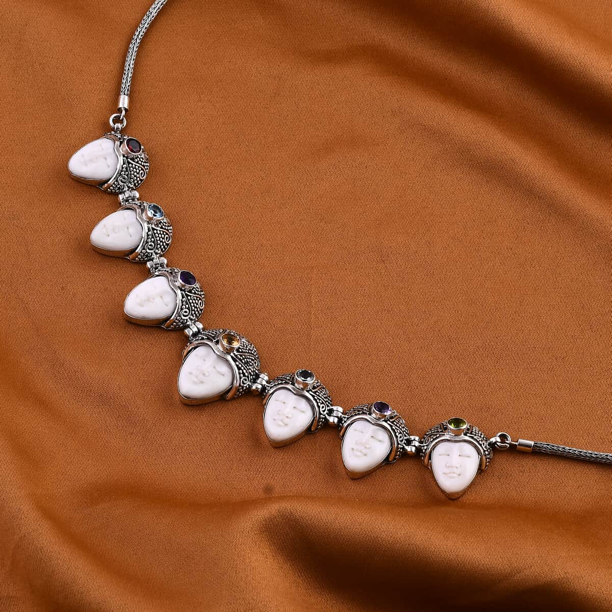 Sajen Silver Carved Bone and Multi Gemstone 3.50 ctw Seven Princess Necklace in Sterling Silver 20 Inches image number 1