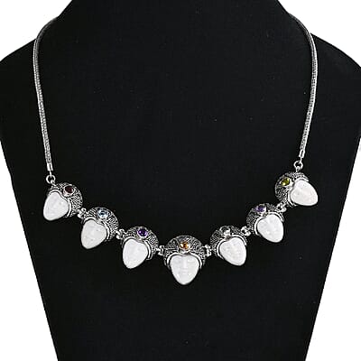 Bali Goddess Carved Bone and Multi Gemstone 3.50 ctw Seven Princess Necklace in Sterling Silver 20 Inches