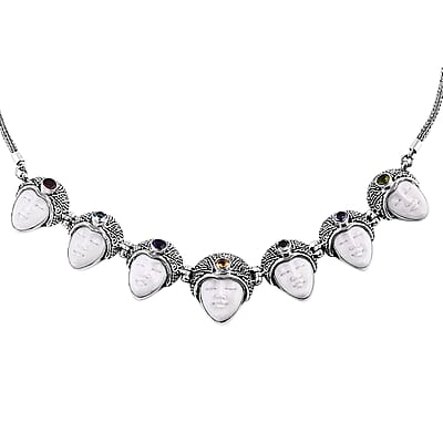 Bali Goddess Carved Bone and Multi Gemstone 3.50 ctw Seven Princess Necklace in Sterling Silver 20 Inches