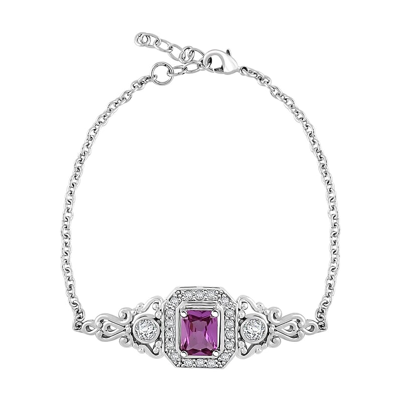 Simulated Alexandrite and Simulated Diamond Bracelet in Silvertone (7.00 In) 2.60 ctw