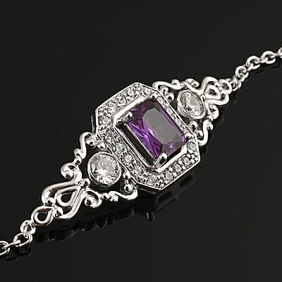 Simulated Alexandrite and Simulated Diamond Bracelet in Silvertone (7.00 In) 2.60 ctw