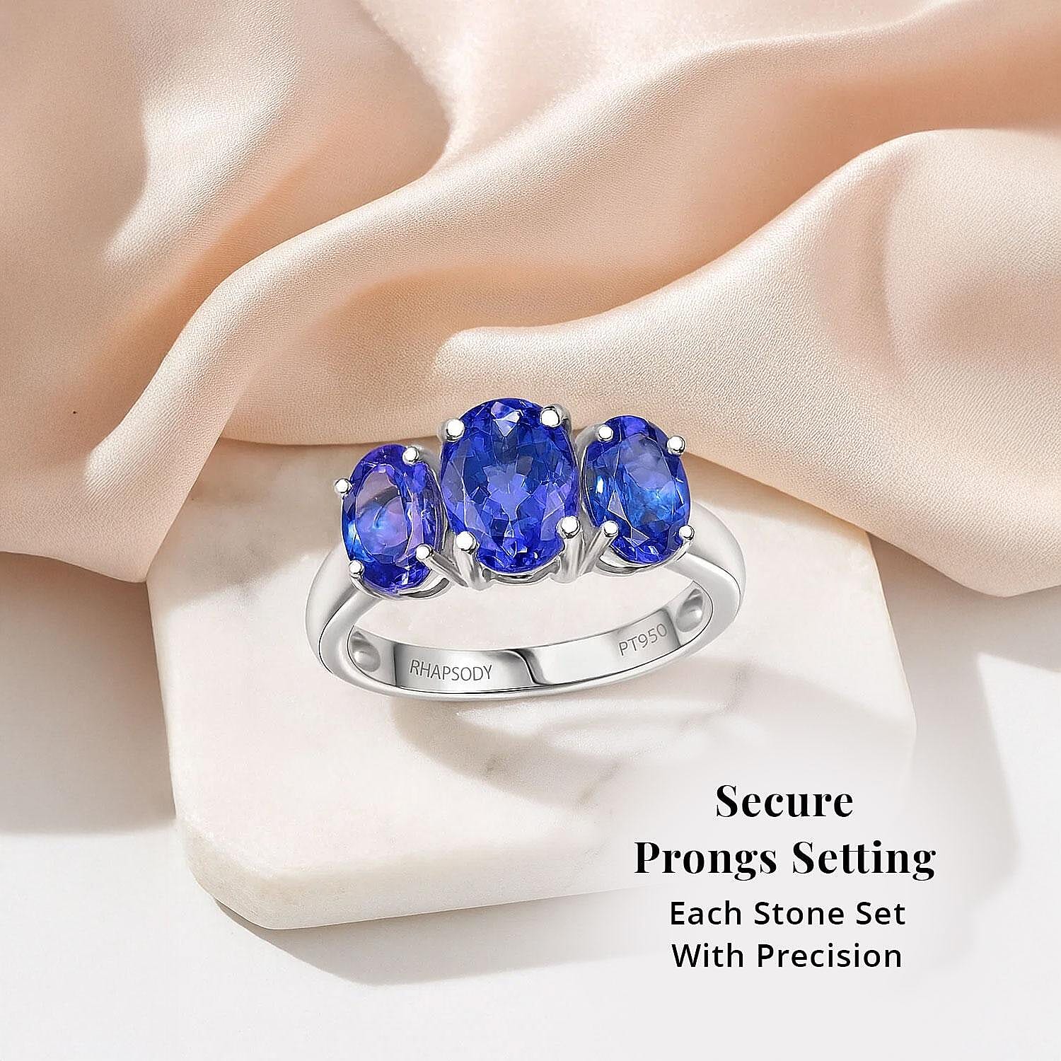 Certified & Appraised Rhapsody AAAA Tanzanite 3.26 ctw 3 Stone Ring in 950 Platinum (Size 6.0) 5.20 Grams