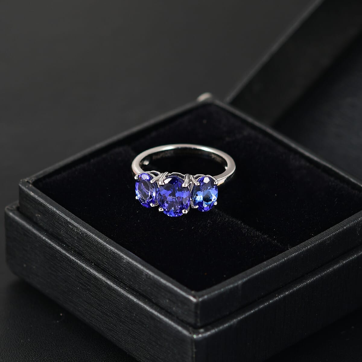 Certified & Appraised Rhapsody AAAA Tanzanite 3.26 ctw 3 Stone Ring in 950 Platinum (Size 8.0) 5.20 Grams image number 1