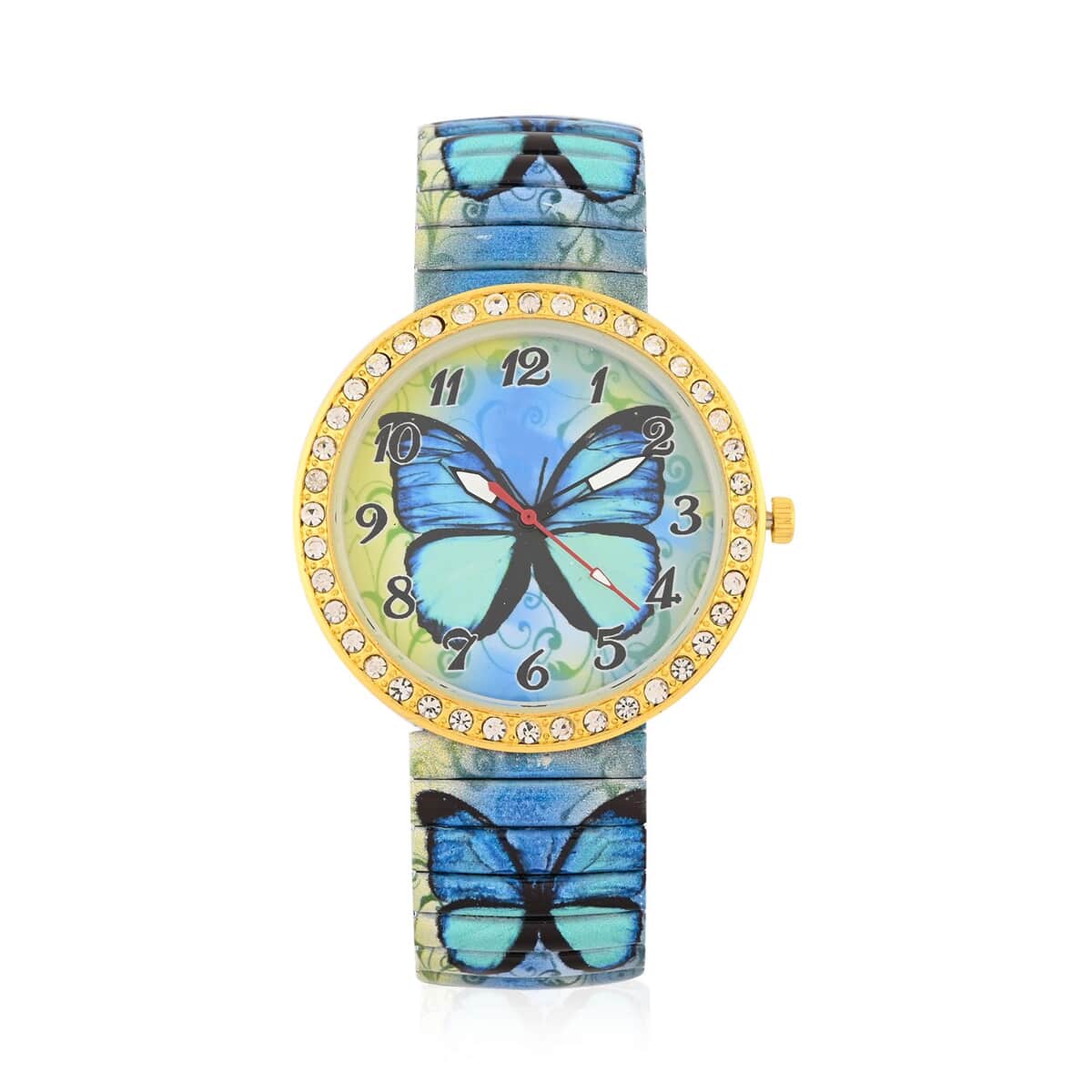 Simulated Diamond Butterfly Watch in Goldtone with Stretchable Band 1.10 ctw image number 0