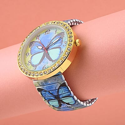 Simulated Diamond Butterfly Watch in Goldtone with Stretchable Band 1.10 ctw