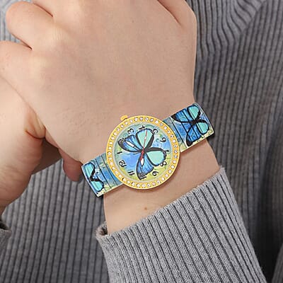 Simulated Diamond Butterfly Watch in Goldtone with Stretchable Band 1.10 ctw