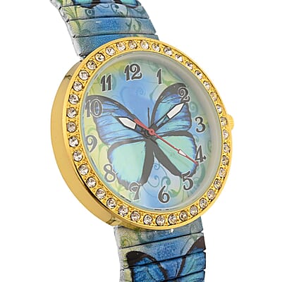 Simulated Diamond Butterfly Watch in Goldtone with Stretchable Band 1.10 ctw