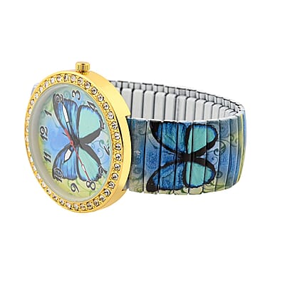 Simulated Diamond Butterfly Watch in Goldtone with Stretchable Band 1.10 ctw