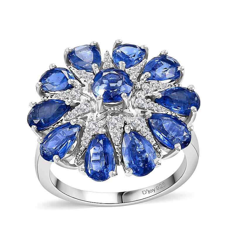 Kashmir Kyanite and White Zircon 6.15 ctw Star Ring in Rhodium Over Sterling Silver (Size 10.0)